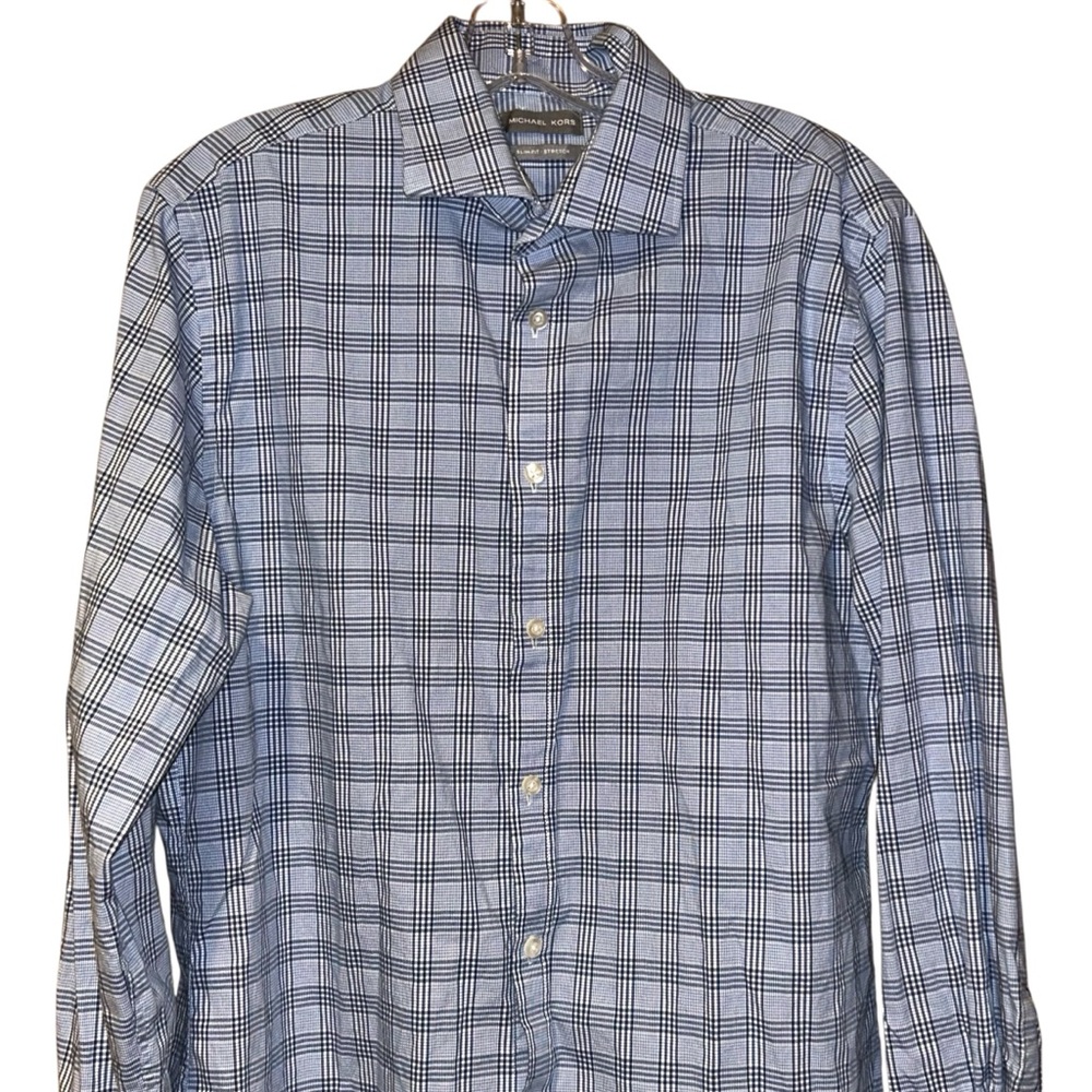 Michael Kors Dress Shirt Men’s Slim Fit Stretch Blue‎ Check Plaid Large 16 32/33